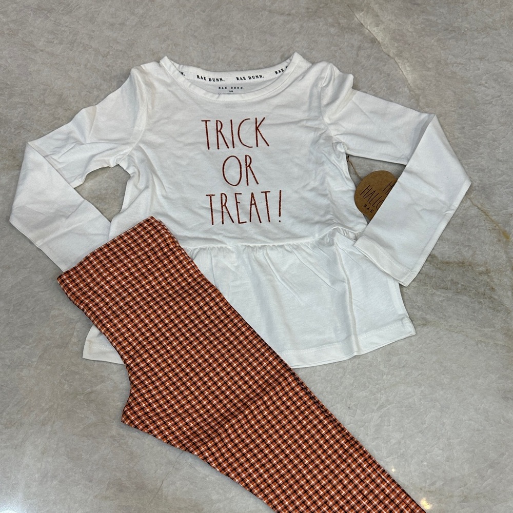 Rae Dunn White 'Trick or Treat' Top and Plaid Leggings Set 5/6